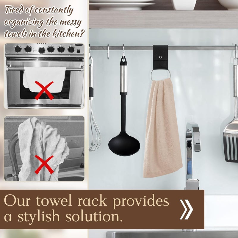 MISAKTEAM 4 PCS Leather & Metal Towel Ring Holder for Kitchen Dish Towels Holder with Loop Oven Door Hanger Gifts for Farmhouse Home Decor(Black) - Image 3
